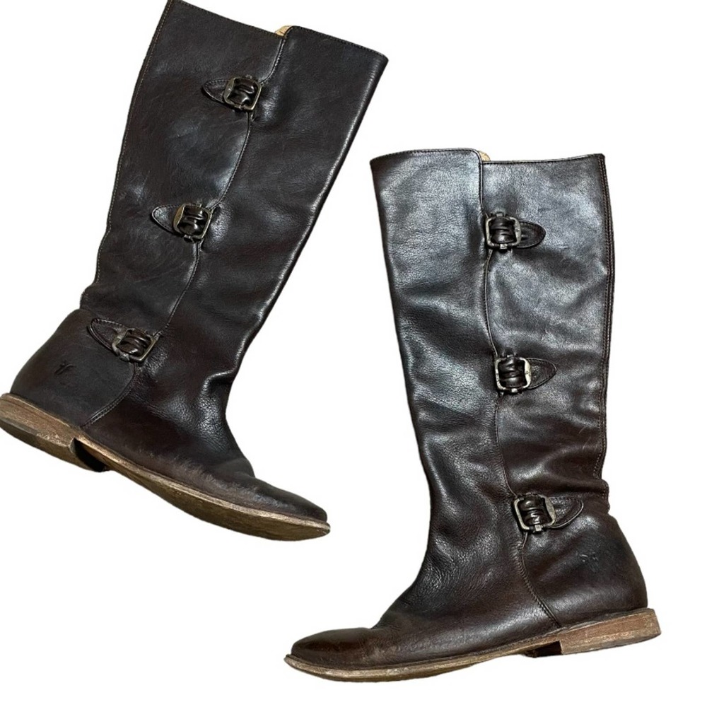 Frye Tall Leather Combat Boots in Dark Brown